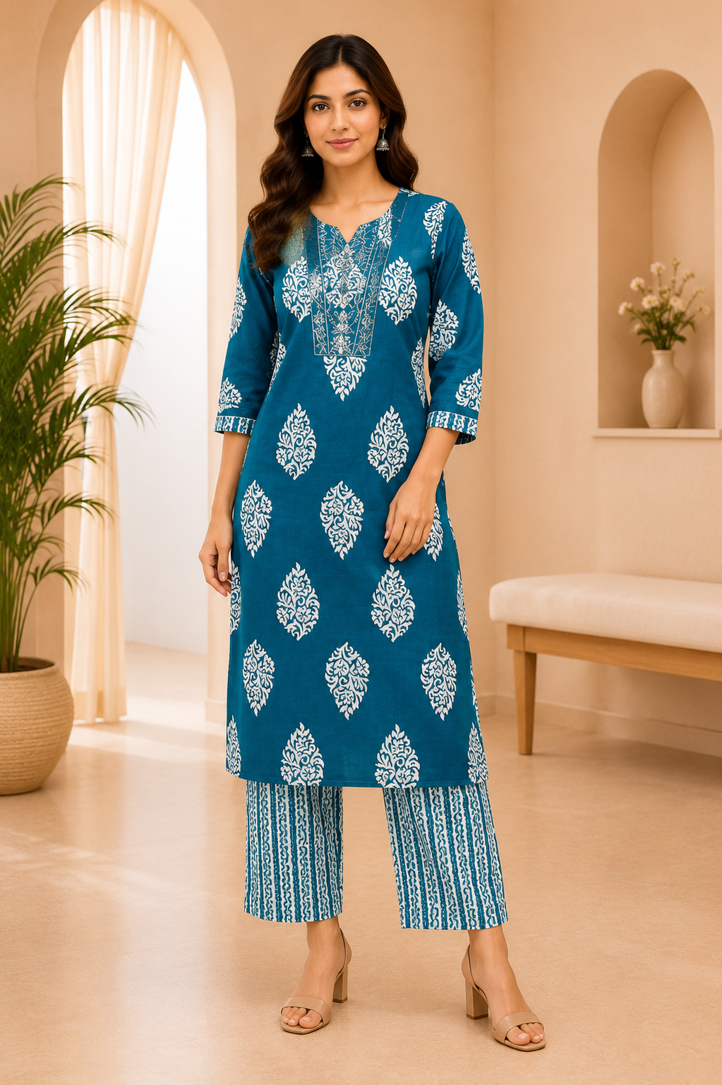 Teal Blue Cotton 2-Piece Set with Hand Work Embroidery