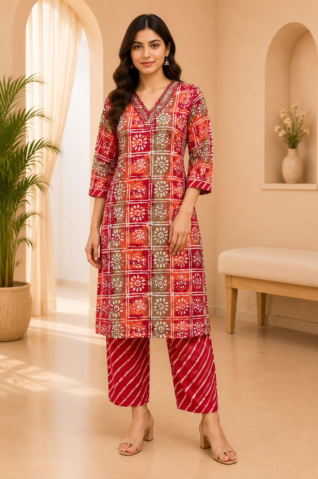 Elegant Red Cotton 2-Piece Set with V-Neck Hand Work Embellished Neckline