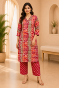 Elegant Red Cotton 2-Piece Set with V-Neck Hand Work Embellished Neckline