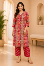Elegant Red Cotton 2-Piece Set with V-Neck Hand Work Embellished Neckline