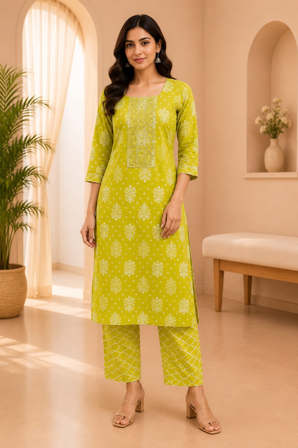 Lime Green Cotton 2-Piece Set with Hand Work Embellished Round Neck