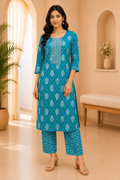 Teal Blue Cotton 2-Piece Set with Hand Work Embellished Neckline