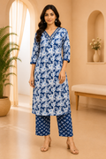 Navy Blue Cotton 2-Piece Set with Hand Work Embellished V-Neck