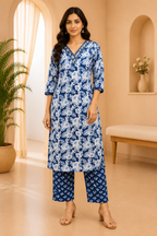 Navy Blue Cotton 2-Piece Set with Hand Work Embellished V-Neck