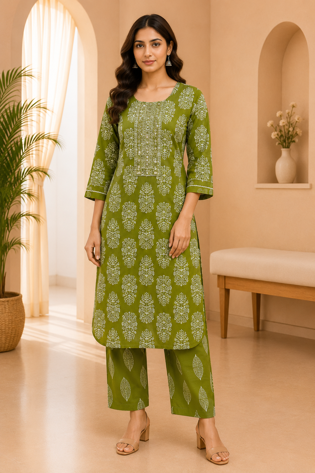 Olive Green Cotton 2-Piece Set with Hand Work Embellished Neck Panel