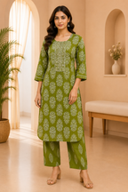 Olive Green Cotton 2-Piece Set with Hand Work Embellished Neck Panel