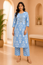 Sky Blue Cotton 2-Piece Set with Hand Work Neck Detail