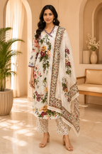 Ivory Floral Cotton 3-piece Co-Ord Set with Printed Dupatta