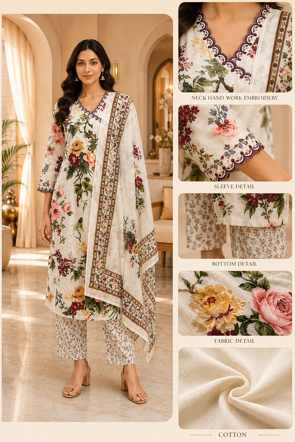 Ivory Floral Cotton 3-piece Co-Ord Set with Printed Dupatta