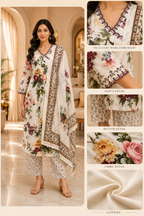 Ivory Floral Cotton 3-piece Co-Ord Set with Printed Dupatta