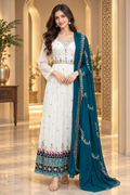 Ivory Georgette Embroidered Kurti with Contrast Teal Dupatta