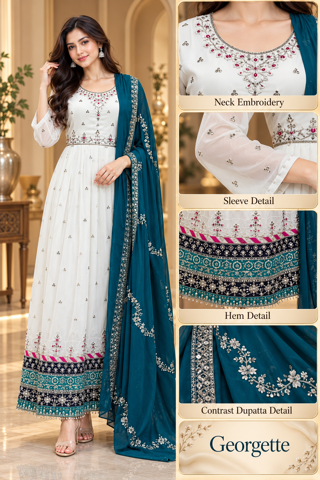 Ivory Georgette Embroidered Kurti with Contrast Teal Dupatta
