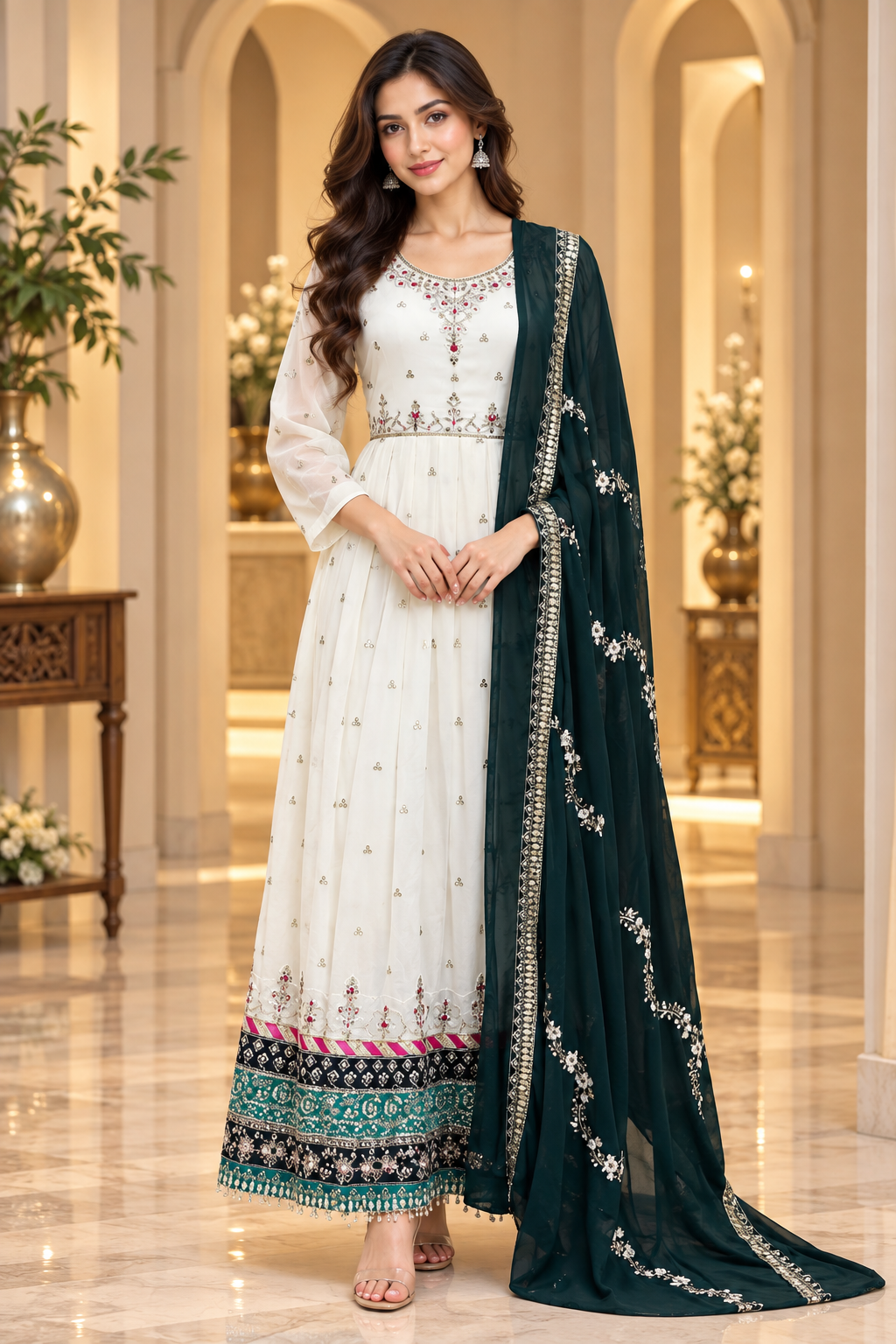 Ivory Georgette Embroidered Kurti with Contrast Dark Teal Dupatta