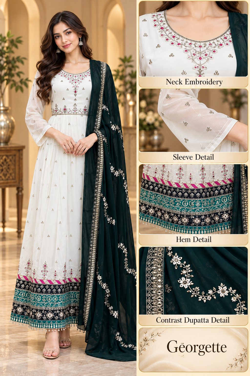 Ivory Georgette Embroidered Kurti with Contrast Dark Teal Dupatta