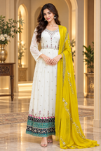 Ivory Georgette Embroidered Kurti with Contrast Yellow Dupatta