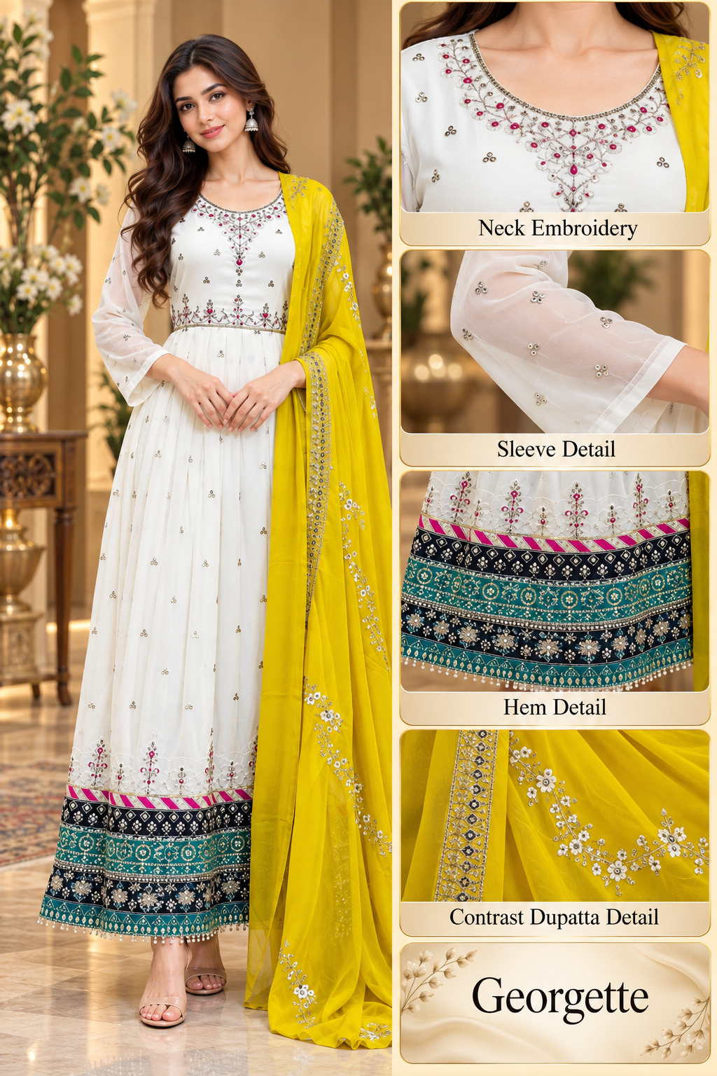 Ivory Georgette Embroidered Kurti with Contrast Yellow Dupatta