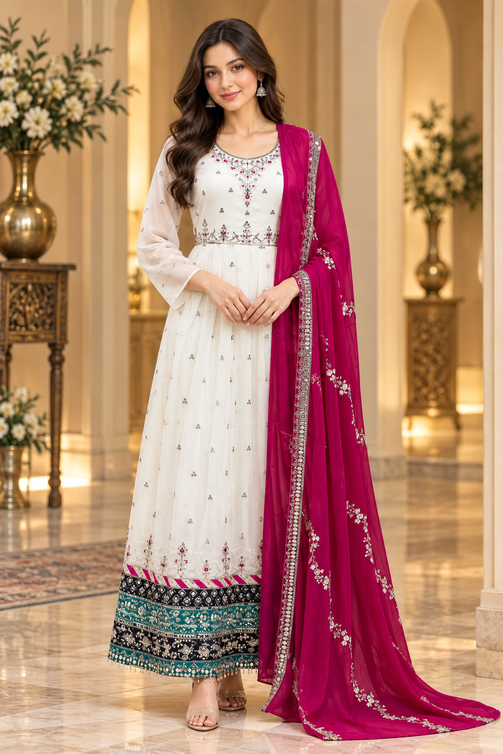 Ivory Georgette Embroidered Kurti with Contrast Magenta Dupatta