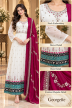 Ivory Georgette Embroidered Kurti with Contrast Magenta Dupatta