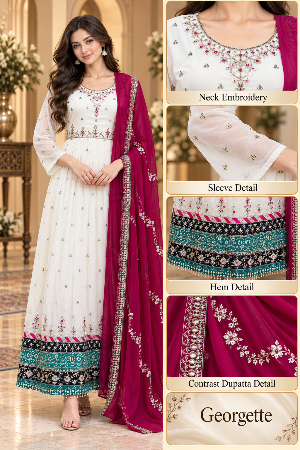 Ivory Georgette Embroidered Kurti with Contrast Magenta Dupatta