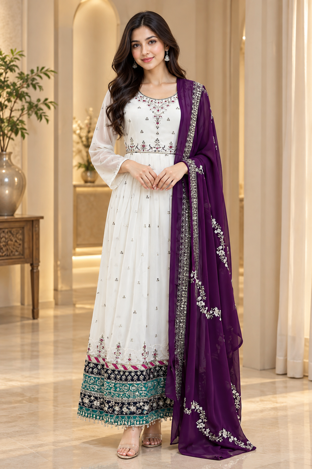 Ivory Georgette Embroidered Kurti with Contrast Purple Dupatta