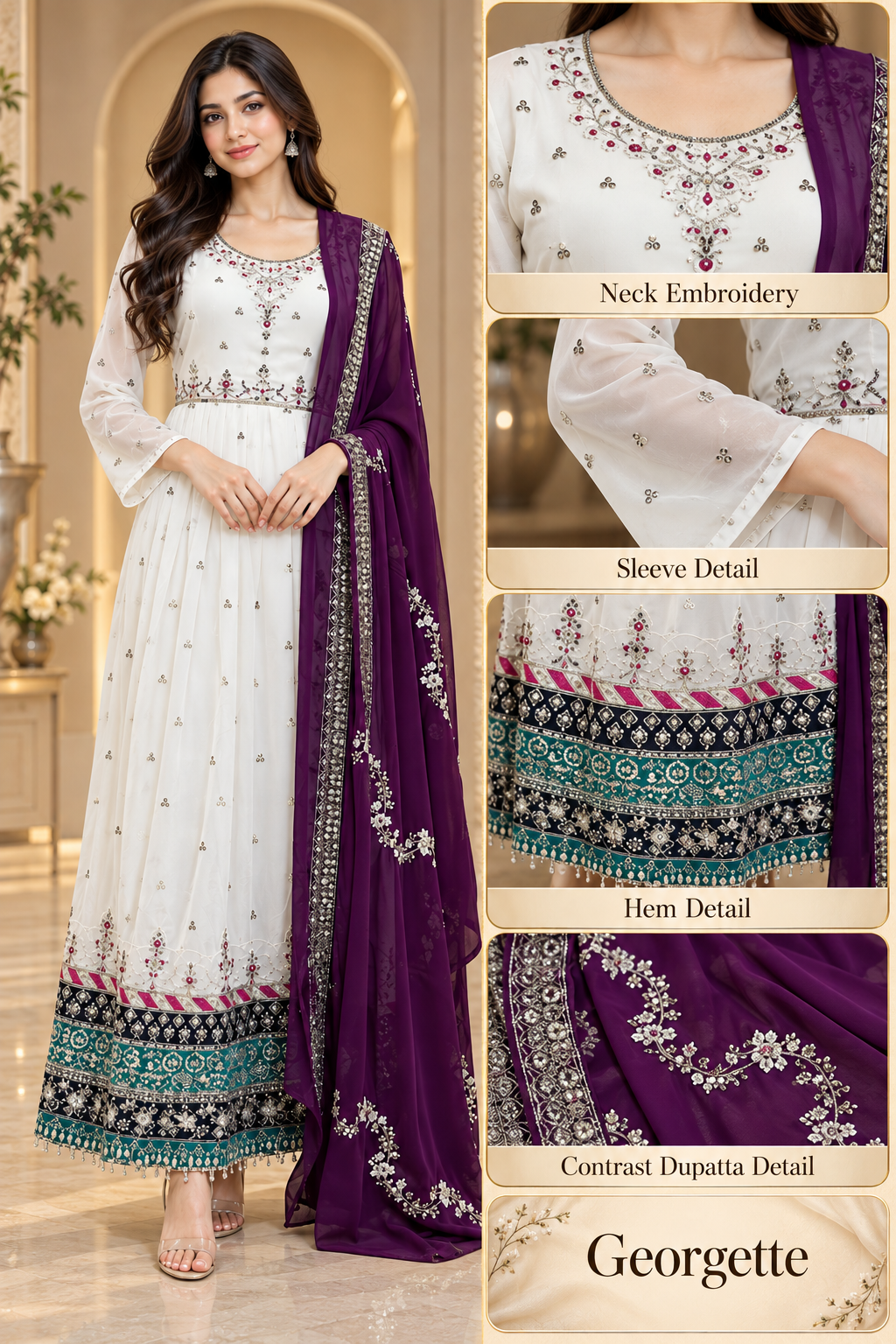 Ivory Georgette Embroidered Kurti with Contrast Purple Dupatta