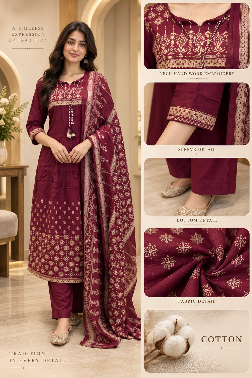 Burgundy Cotton Embroidered 3-Piece Set