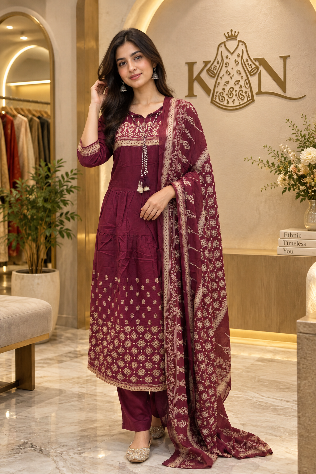 Burgundy Cotton Embroidered 3-Piece Set