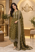 Olive Green Cotton 3-Piece Set with Intricate Traditional Detailing