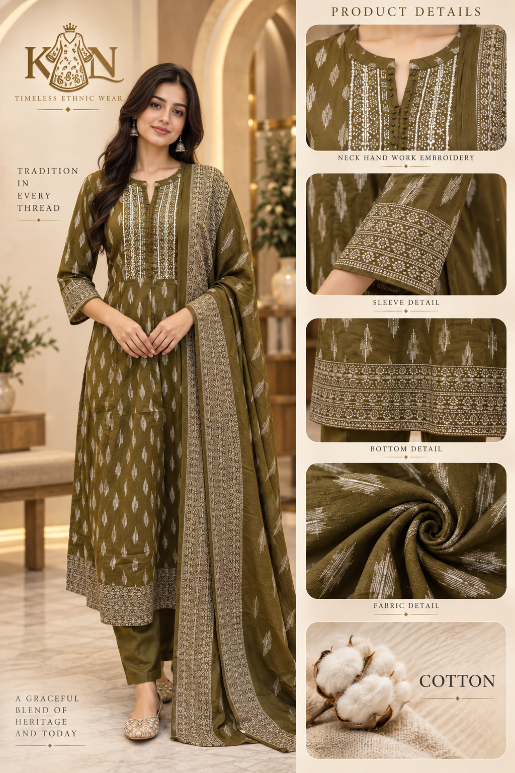 Olive Green Cotton 3-Piece Set with Intricate Traditional Detailing
