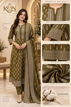 Olive Green Cotton 3-Piece Set with Intricate Traditional Detailing