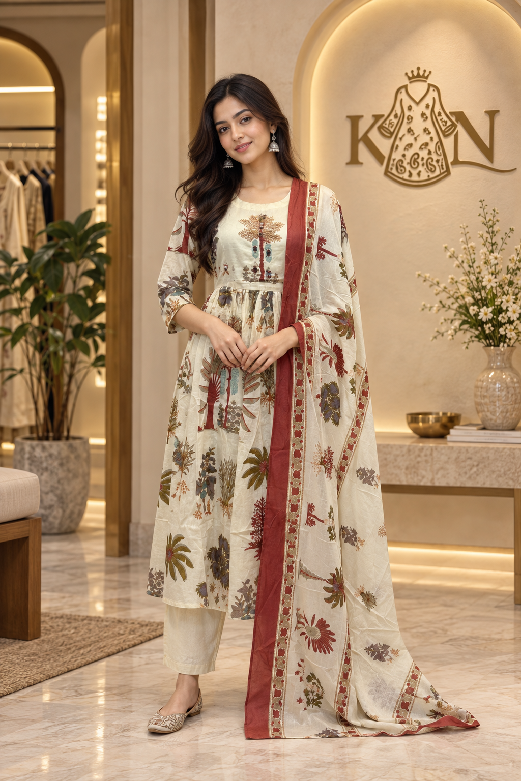 Ivory Cotton 3-Piece Ethnic Set with Floral Print Kurta & Dupatta