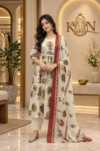 Ivory Cotton 3-Piece Ethnic Set with Floral Print Kurta & Dupatta