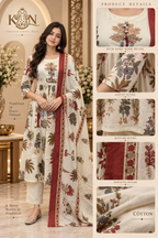 Ivory Cotton 3-Piece Ethnic Set with Floral Print Kurta & Dupatta