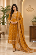 Mustard Yellow Cotton 3-Piece Ethnic Set with Printed Kurta & Dupatta