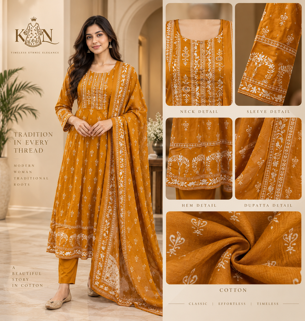 Mustard Yellow Cotton 3-Piece Ethnic Set with Printed Kurta & Dupatta
