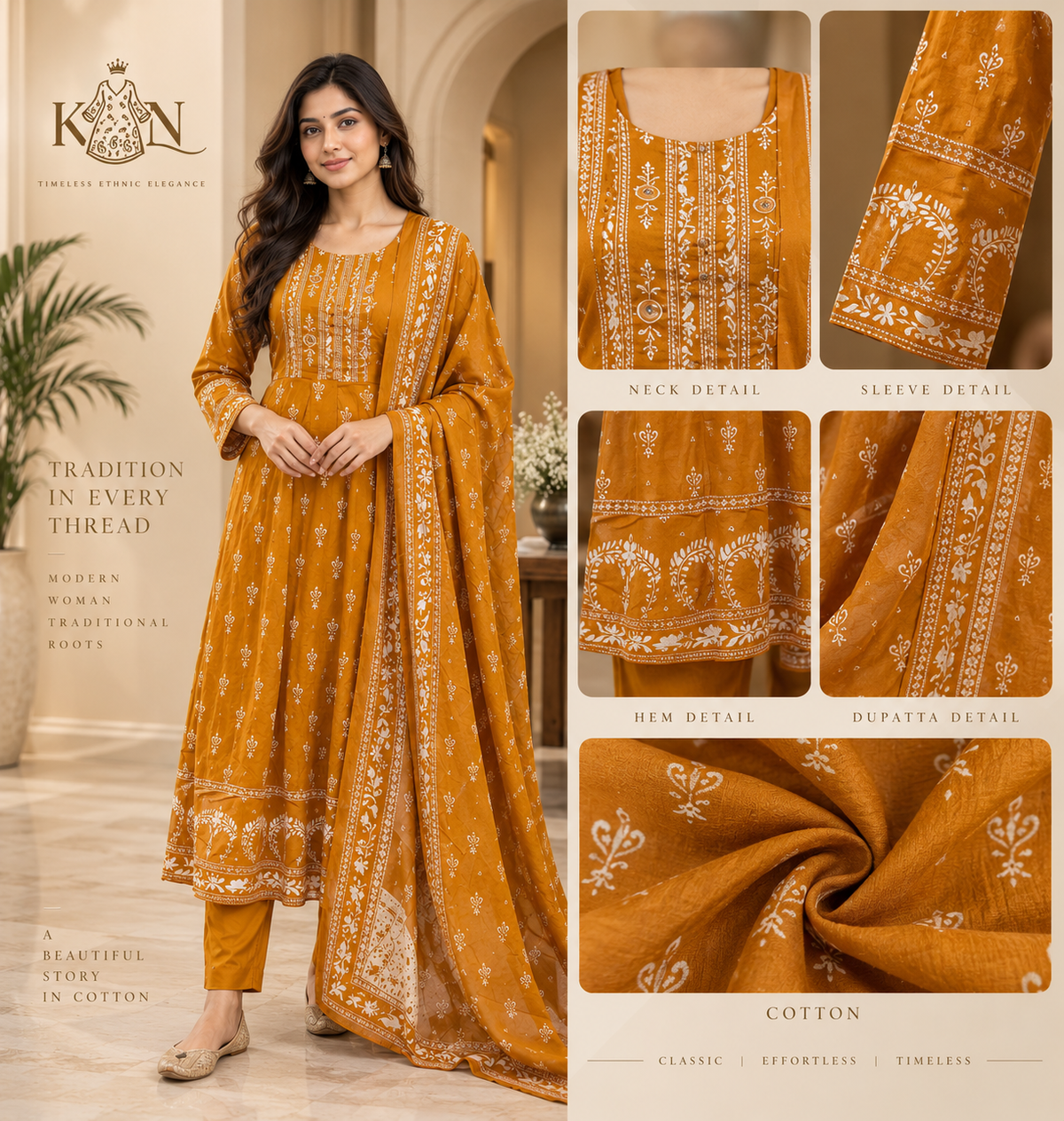 Mustard Yellow Cotton 3-Piece Ethnic Set with Printed Kurta & Dupatta