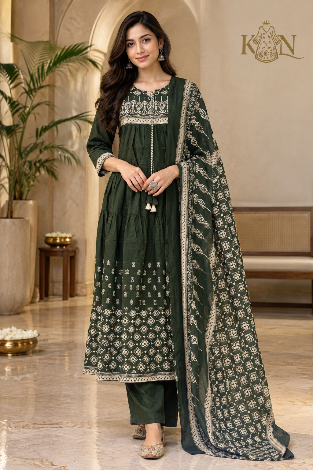 Dark Olive Green Cotton 3-Piece Ethnic Set with Printed Kurta, Bottom & Dupatta