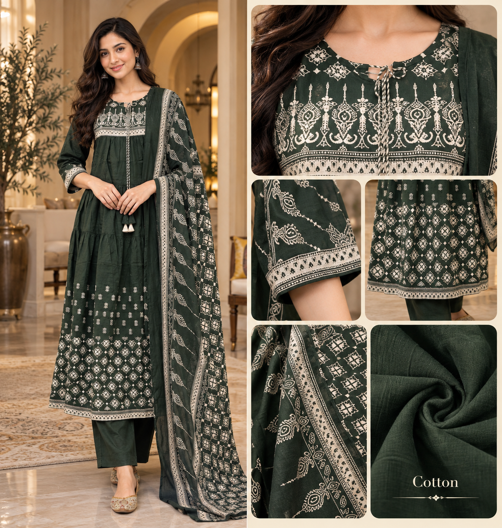 Dark Olive Green Cotton 3-Piece Ethnic Set with Printed Kurta, Bottom & Dupatta