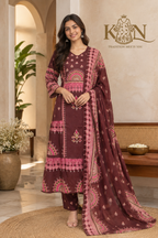 Maroon Cotton 3-piece Ethnic Set with Printed Kurta & Dupatta