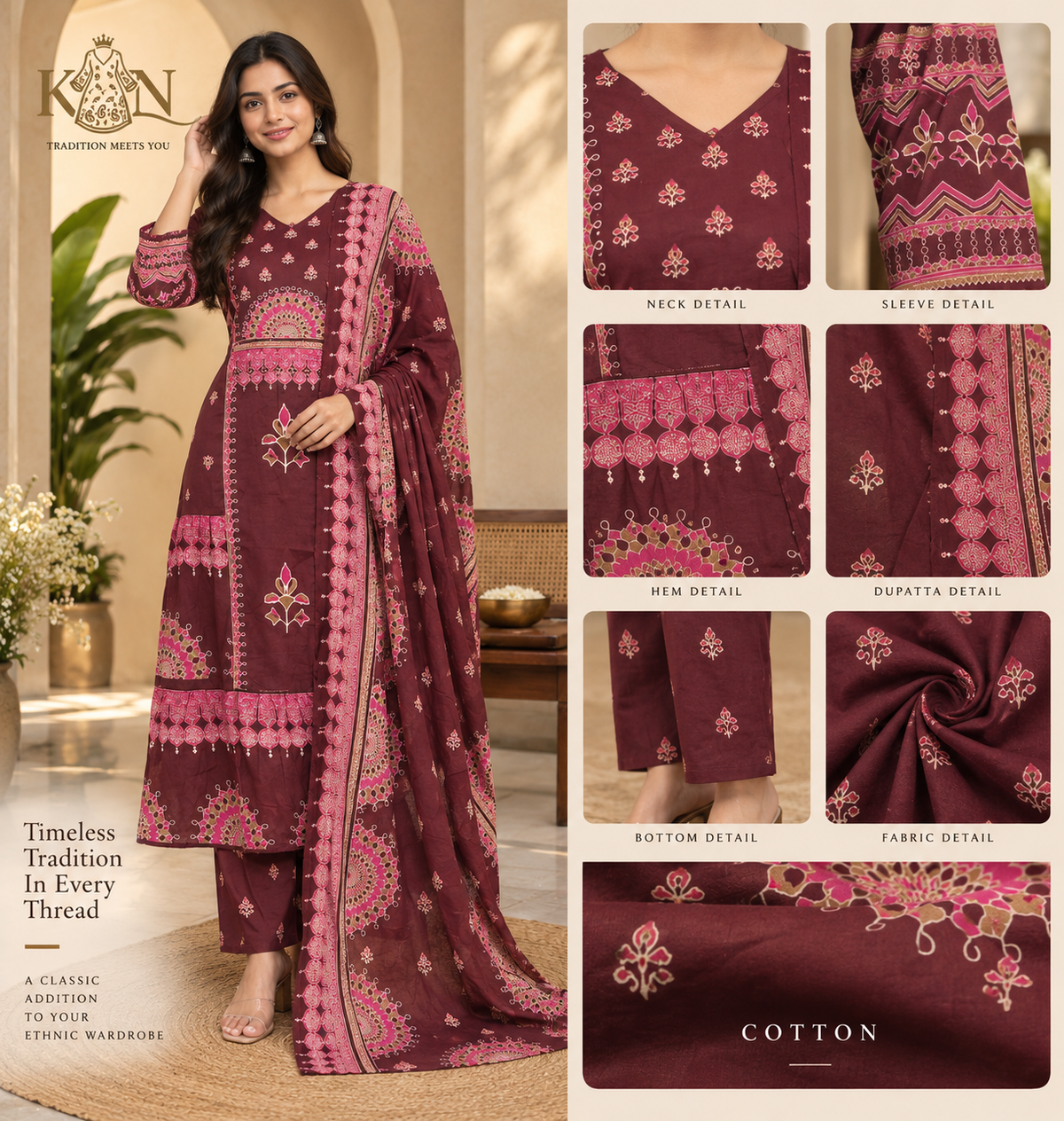 Maroon Cotton 3-piece Ethnic Set with Printed Kurta & Dupatta