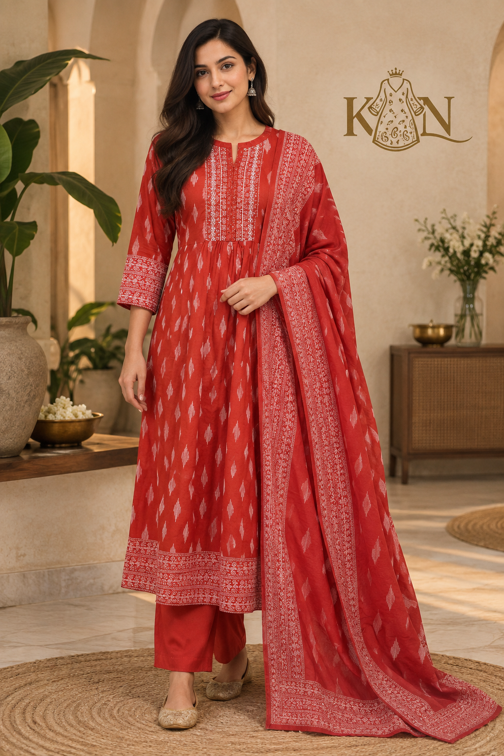 Red Cotton 3-piece Ethnic Set with Printed Kurta, Bottom & Dupatta