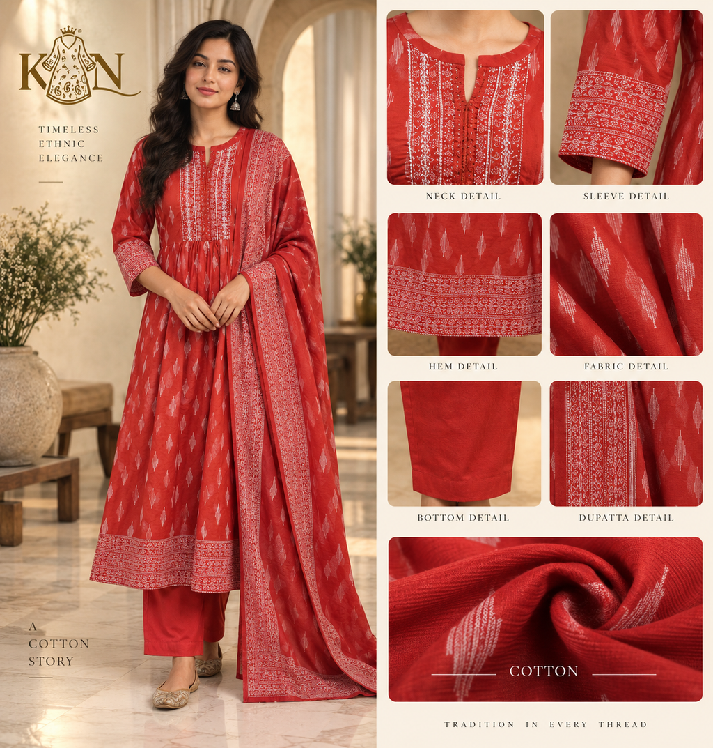 Red Cotton 3-piece Ethnic Set with Printed Kurta, Bottom & Dupatta