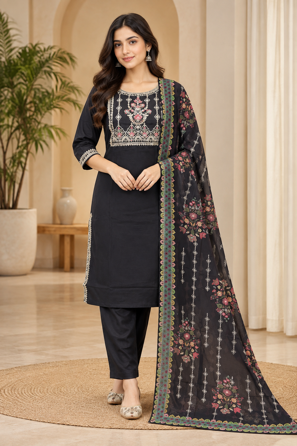Black Embellished 3-Piece Suit Set with Printed Dupatta