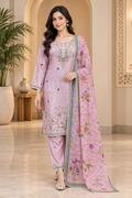 Pastel Lavender Pink Embroidered 3-Piece Suit Set with Printed Dupatta