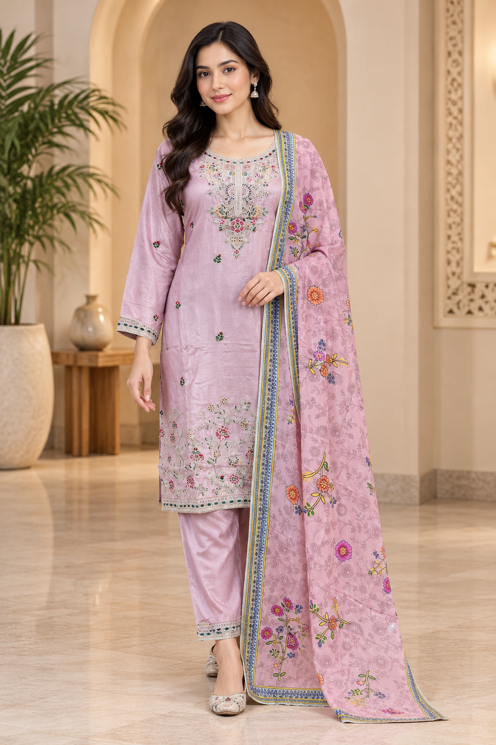 Pastel Lavender Pink Embroidered 3-Piece Suit Set with Printed Dupatta