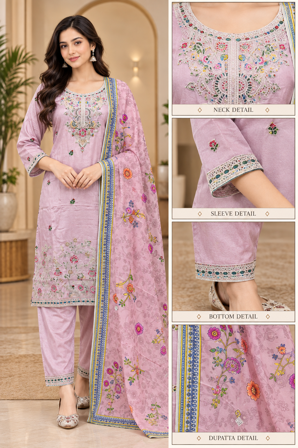 Pastel Lavender Pink Embroidered 3-Piece Suit Set with Printed Dupatta