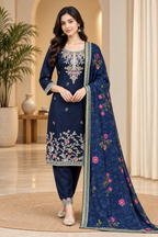 Navy Blue Embroidered 3-Piece Suit Set with Floral Dupatta