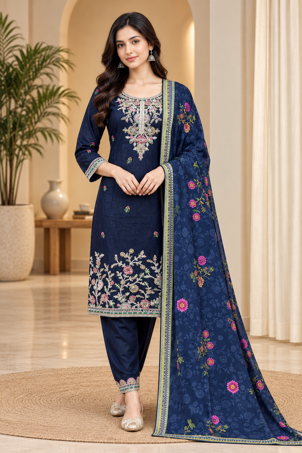 Navy Blue Embroidered 3-Piece Suit Set with Floral Dupatta