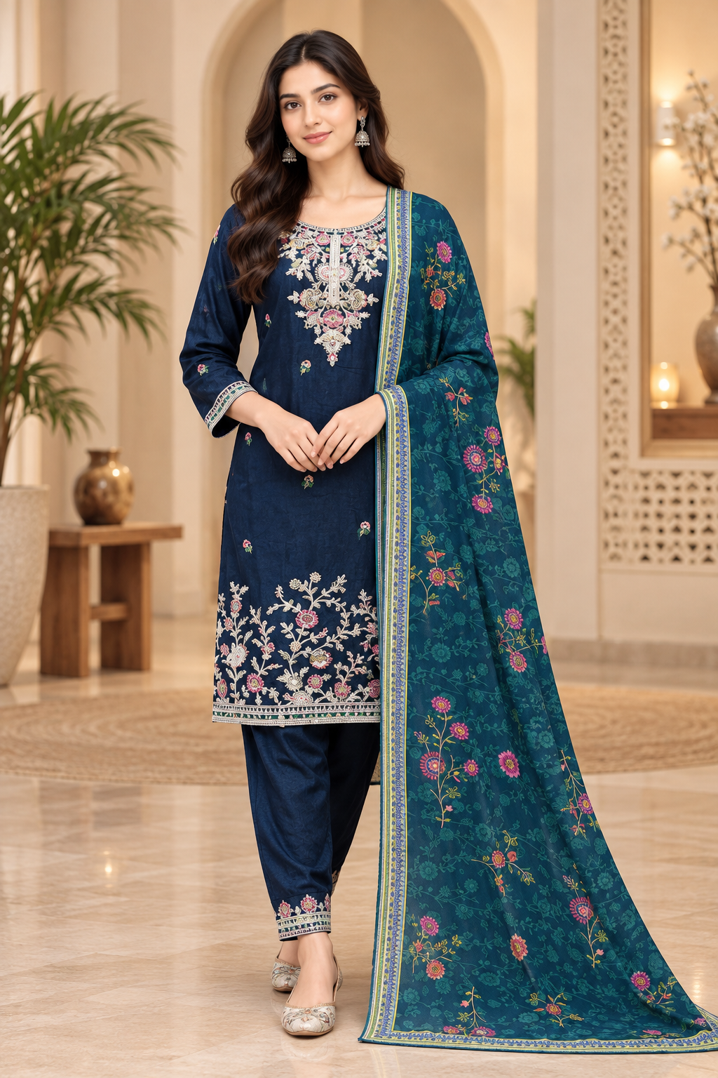 Navy Blue 3-Piece Embroidered Suit Set with Floral Dupatta