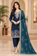 Navy Blue 3-Piece Embroidered Suit Set with Floral Dupatta